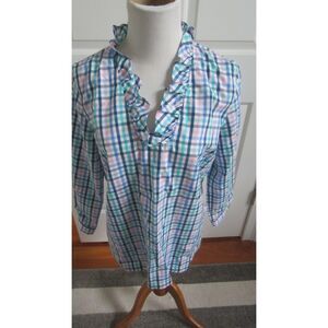 Pretty Talbots Blue  & Pink Pastel Plaid Top 3/4 Sleeve V Neck Ruffle  Size  10P